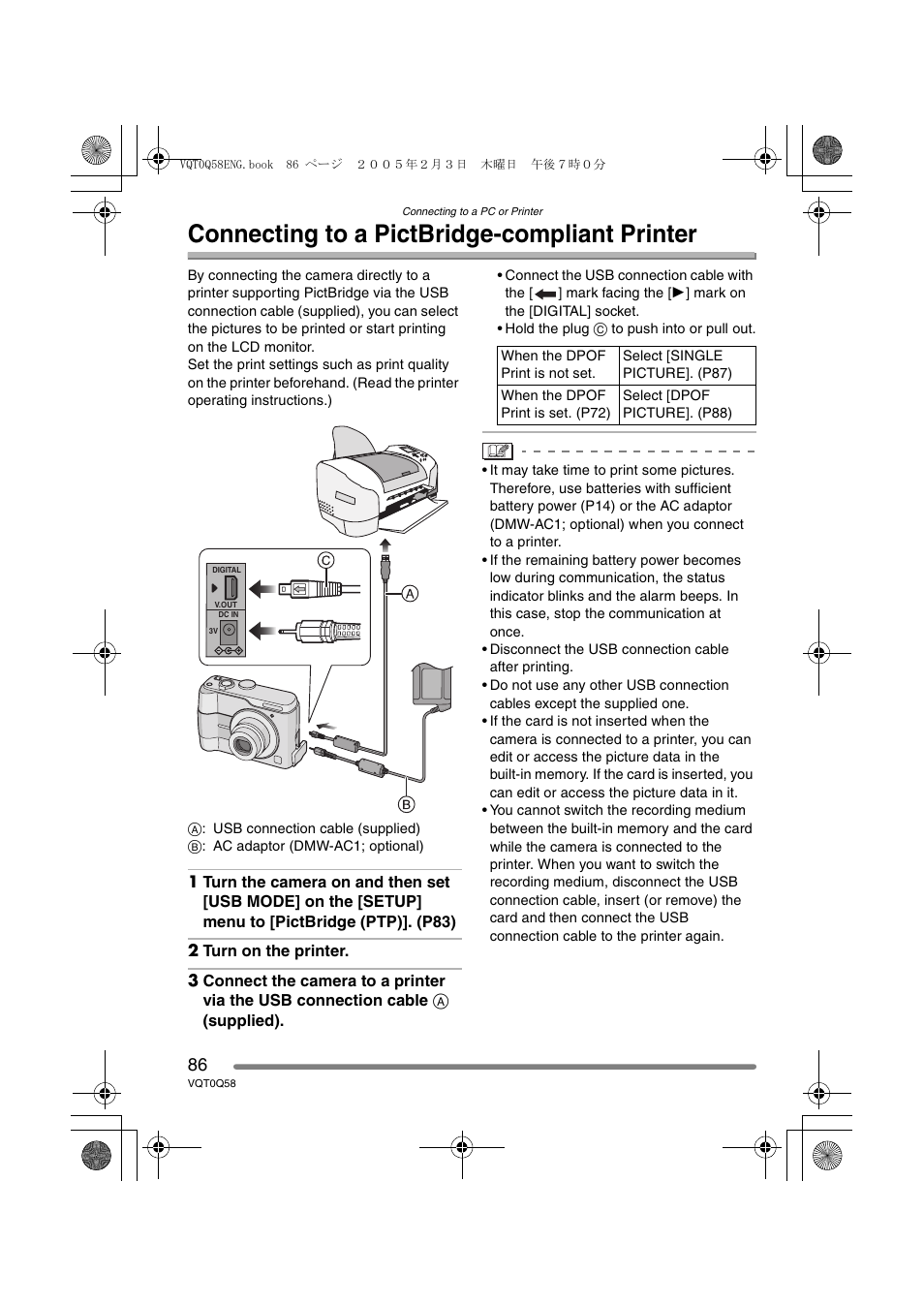 Connecting to a pictbridge-compliant printer | Panasonic DMC-LS1PP User Manual | Page 86 / 112