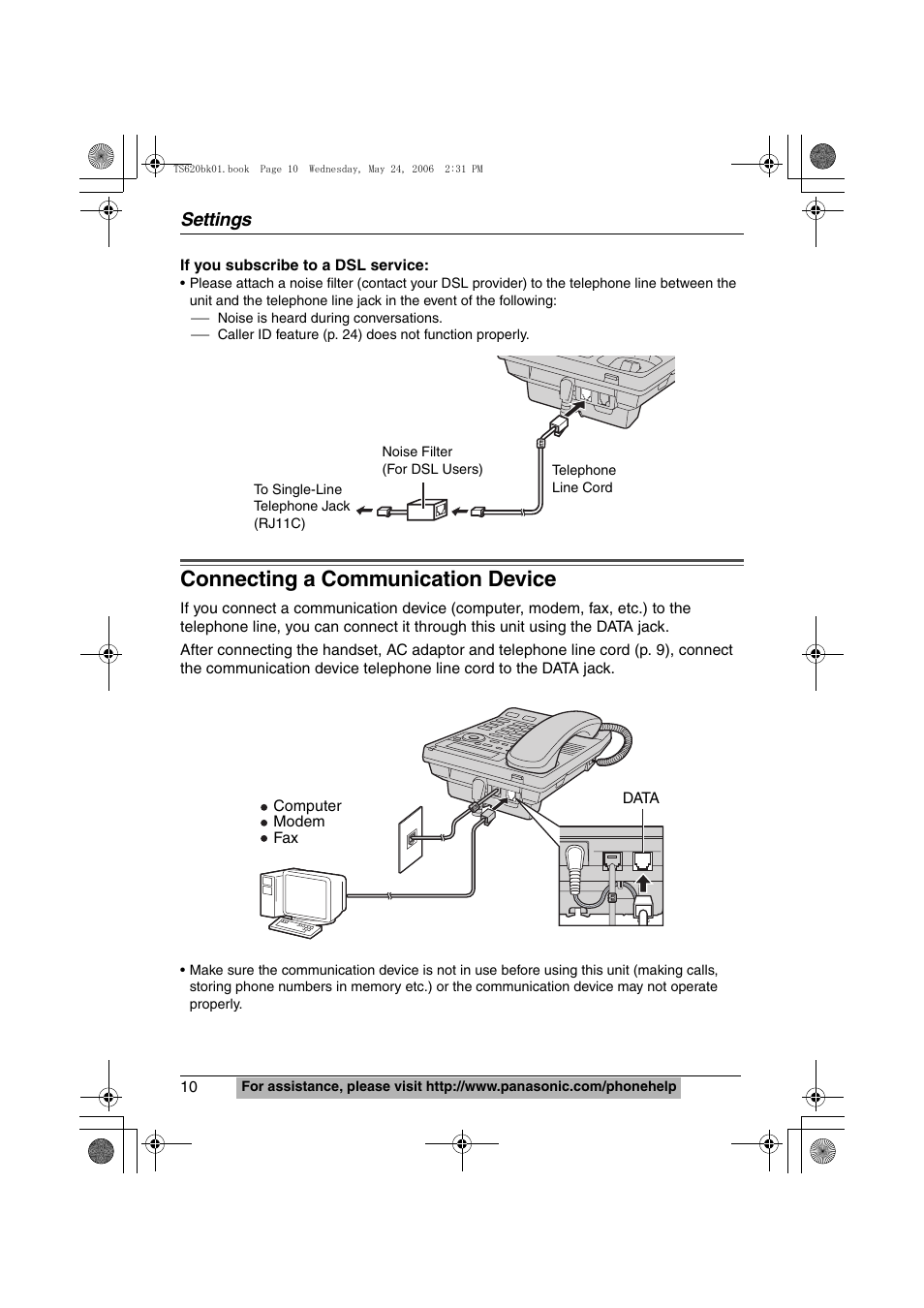 Connecting a communication device, Settings | Panasonic KX-TS620W User Manual | Page 10 / 64