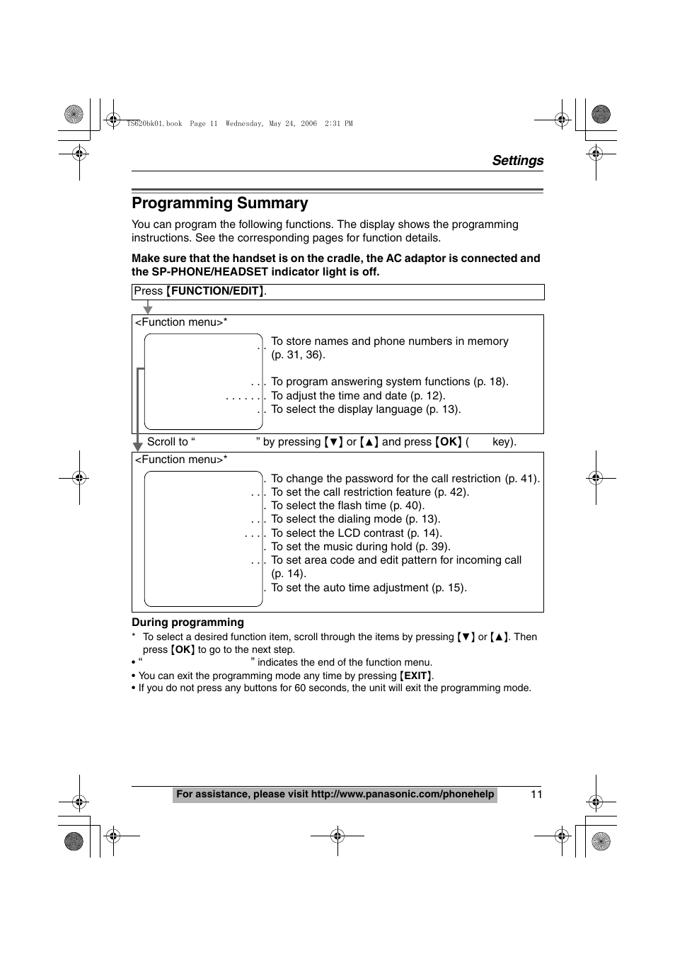 Programming summary, Settings | Panasonic KX-TS620W User Manual | Page 11 / 64