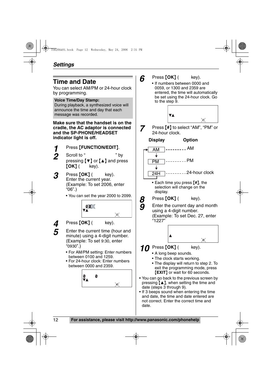 Time and date | Panasonic KX-TS620W User Manual | Page 12 / 64