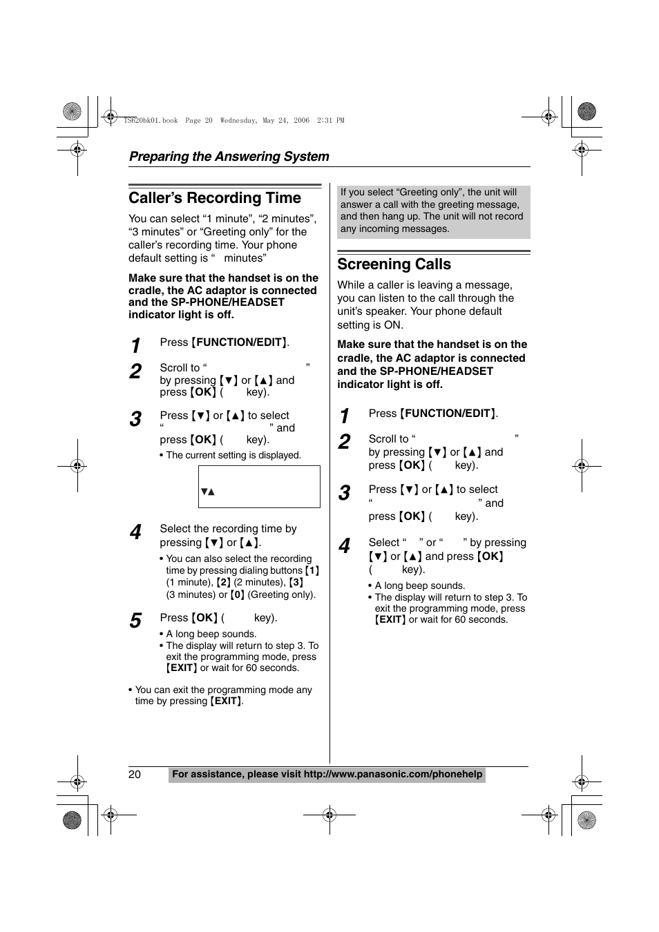 Caller's recording time, Screening calls, Caller’s recording time | Panasonic KX-TS620W User Manual | Page 20 / 64