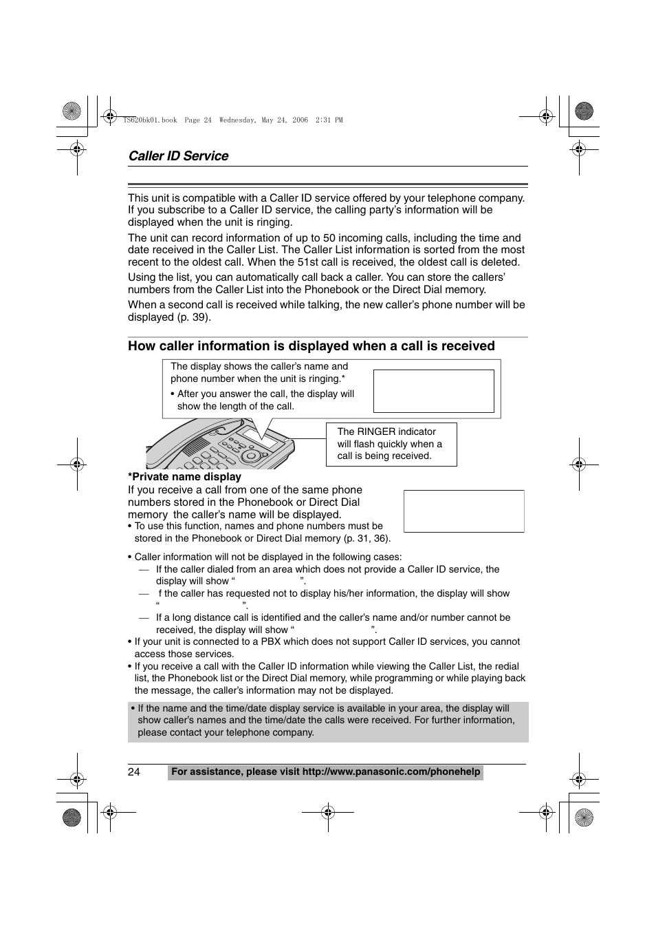 Caller id service, Private name display, Smith,jack | Robinson,tina | Panasonic KX-TS620W User Manual | Page 24 / 64