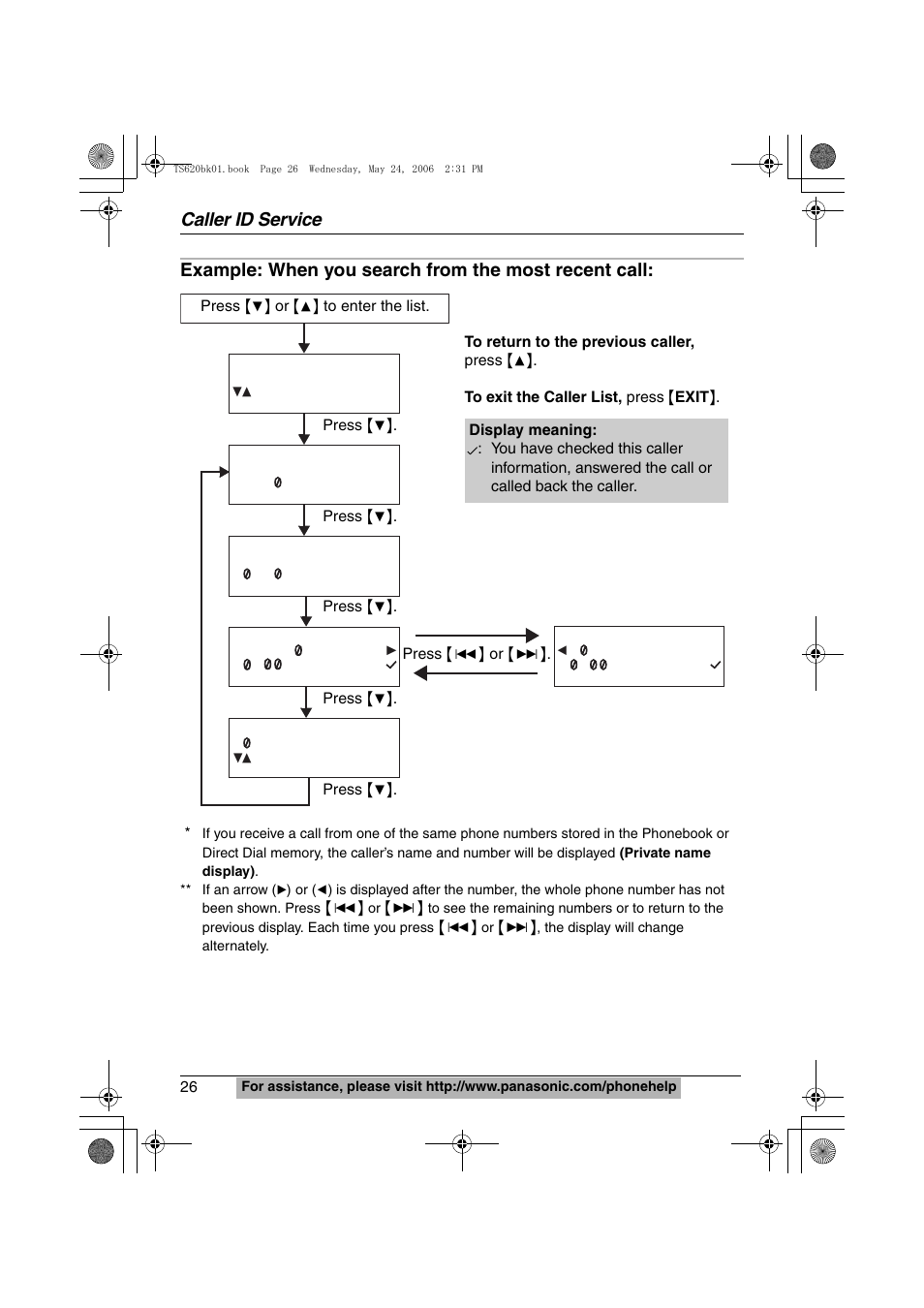 Caller id service, Example: when you search from the most recent call | Panasonic KX-TS620W User Manual | Page 26 / 64