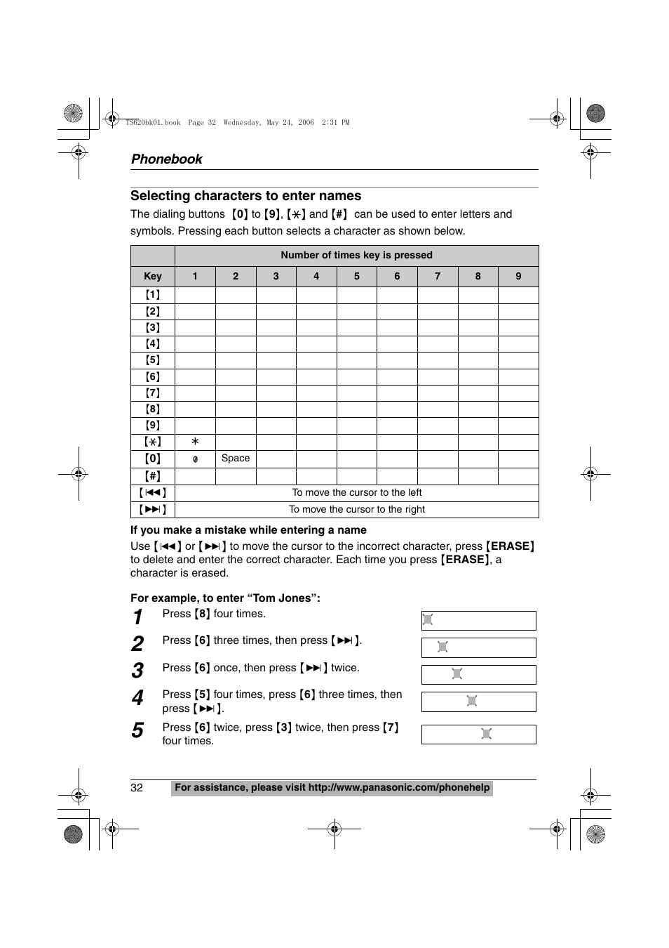 Phonebook, Selecting characters to enter names | Panasonic KX-TS620W User Manual | Page 32 / 64