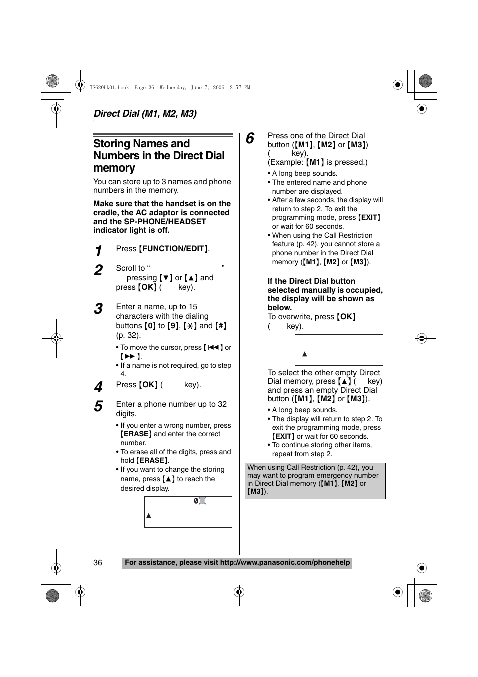 Direct dial (m1,m2,m3) | Panasonic KX-TS620W User Manual | Page 36 / 64