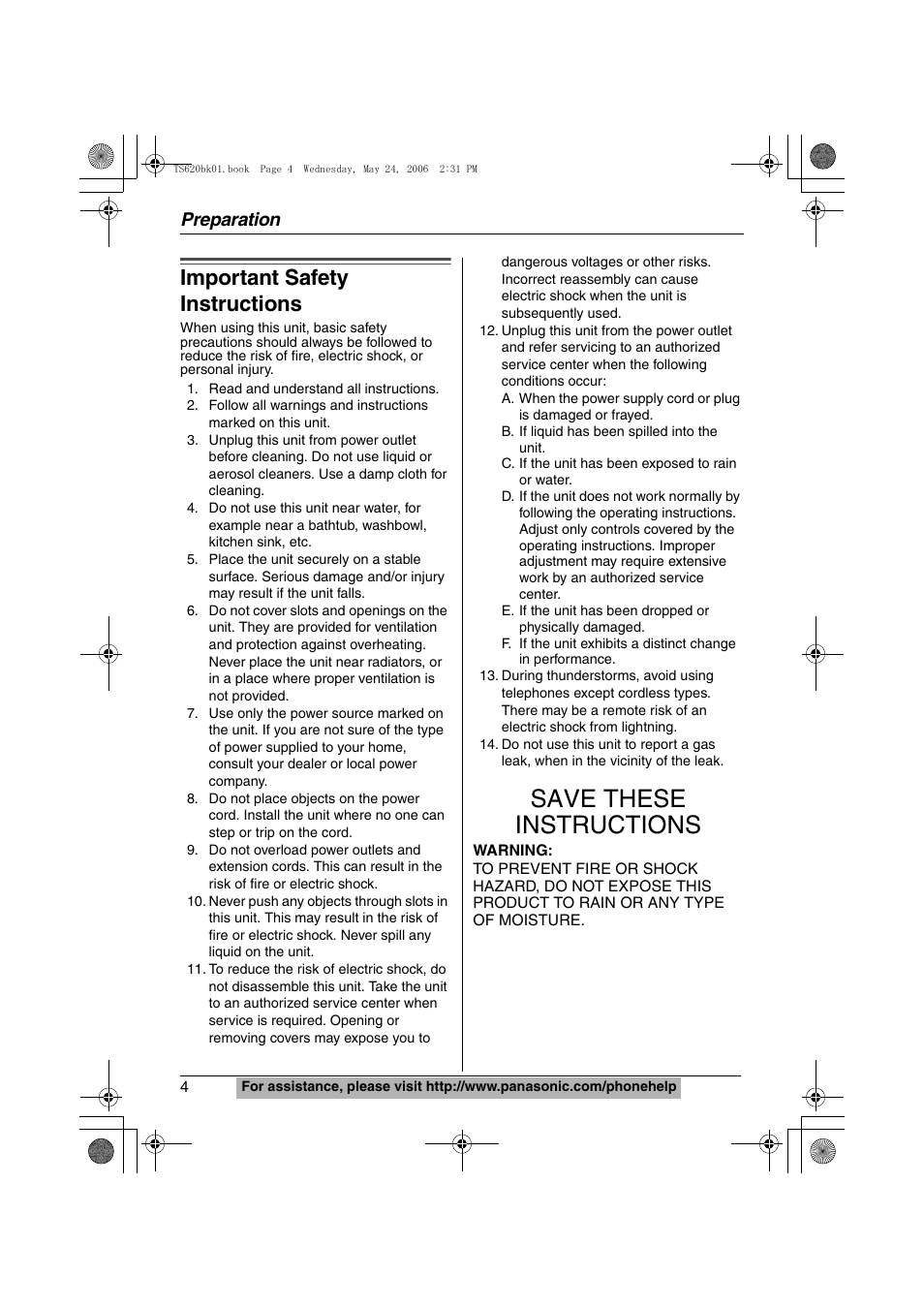 Preparation, Important safety instructions, Save these instructions | Panasonic KX-TS620W User Manual | Page 4 / 64