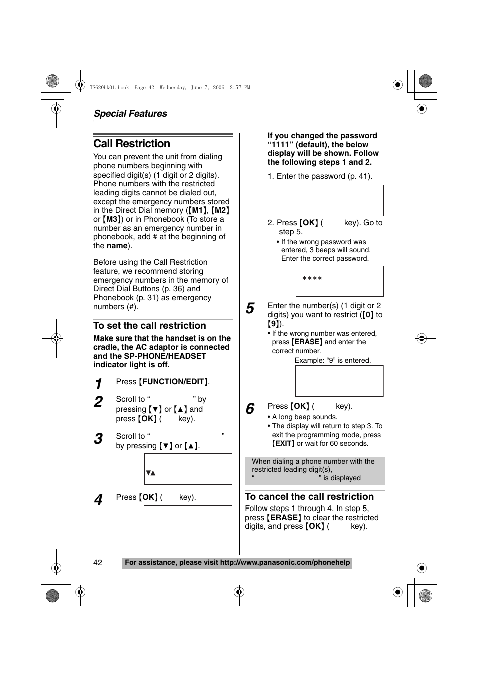 Call restriction, Call restrict | Panasonic KX-TS620W User Manual | Page 42 / 64