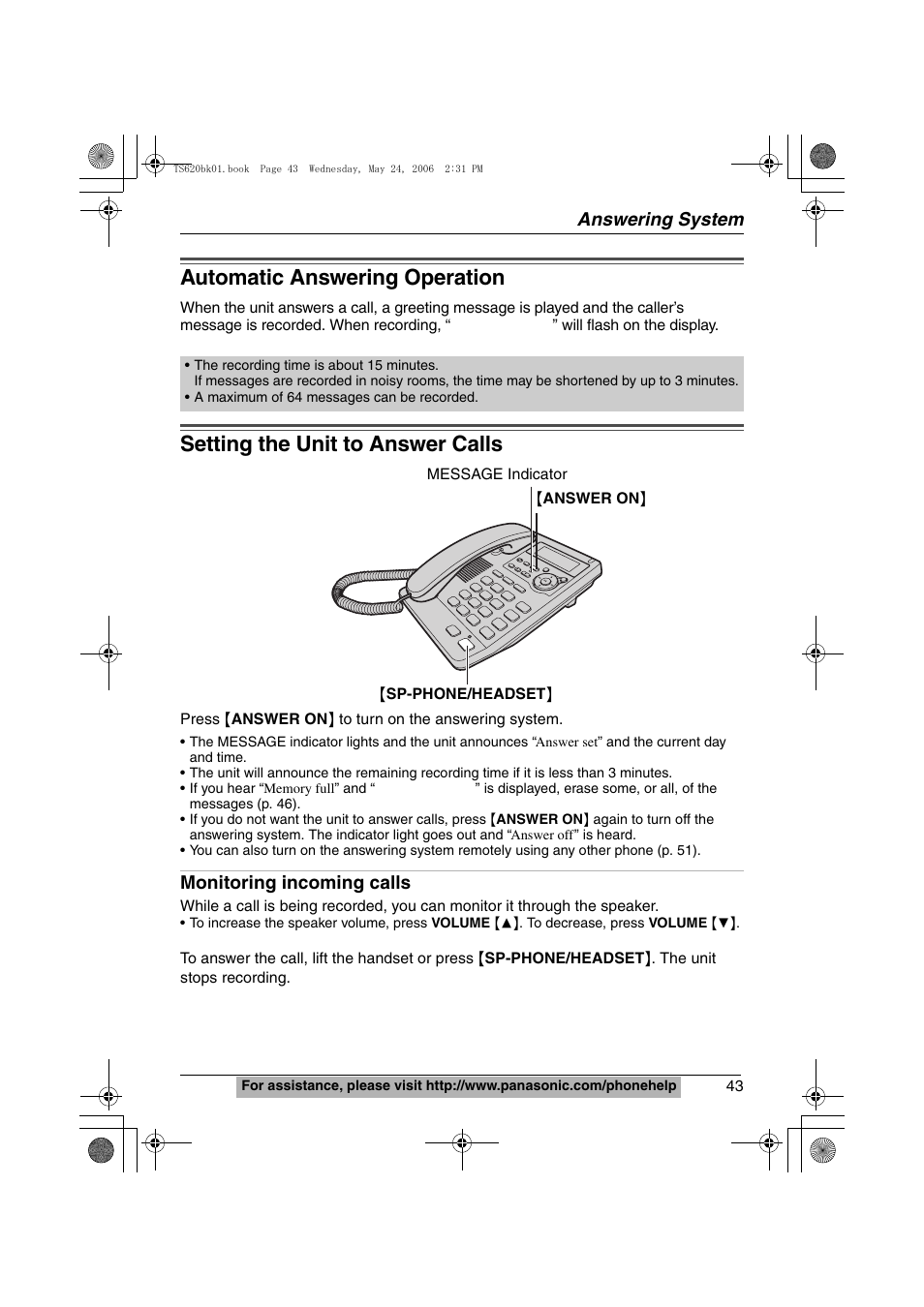 Answering system, Automatic answering operation, Setting the unit to answer calls | Monitoring incoming calls | Panasonic KX-TS620W User Manual | Page 43 / 64