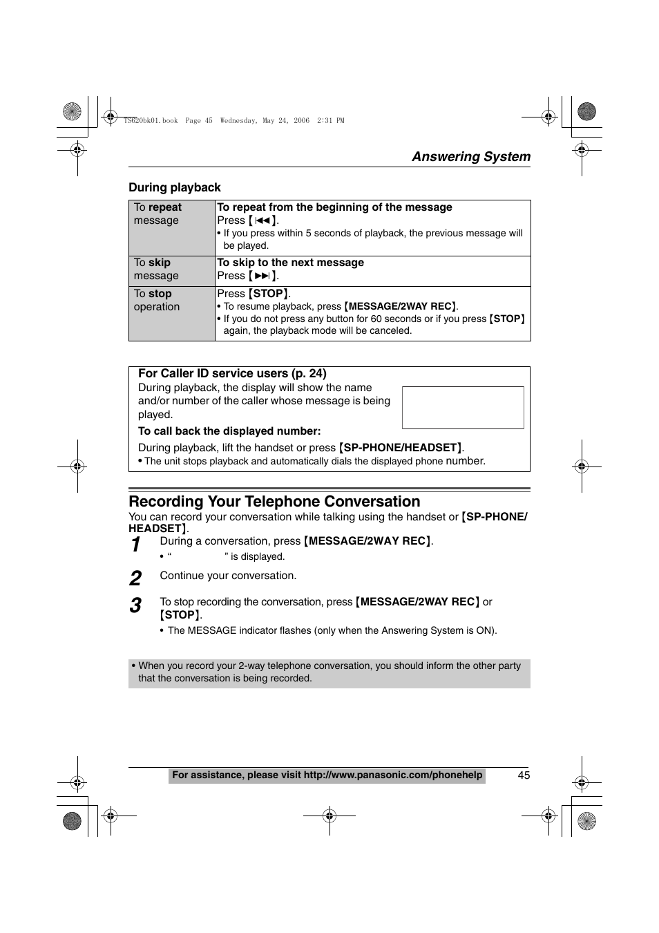 Recording your telephone conversation | Panasonic KX-TS620W User Manual | Page 45 / 64