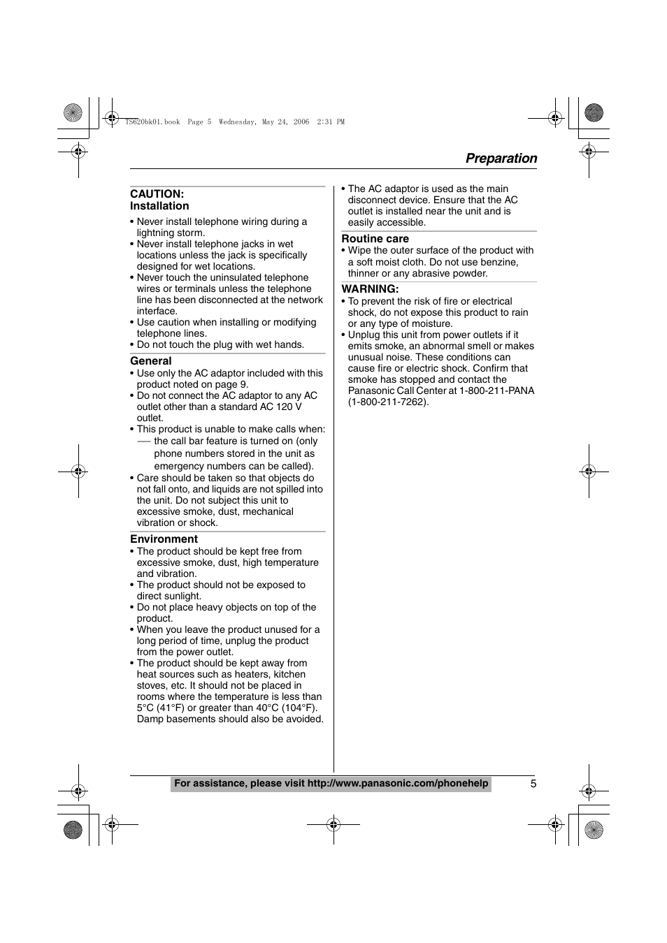 Preparation | Panasonic KX-TS620W User Manual | Page 5 / 64