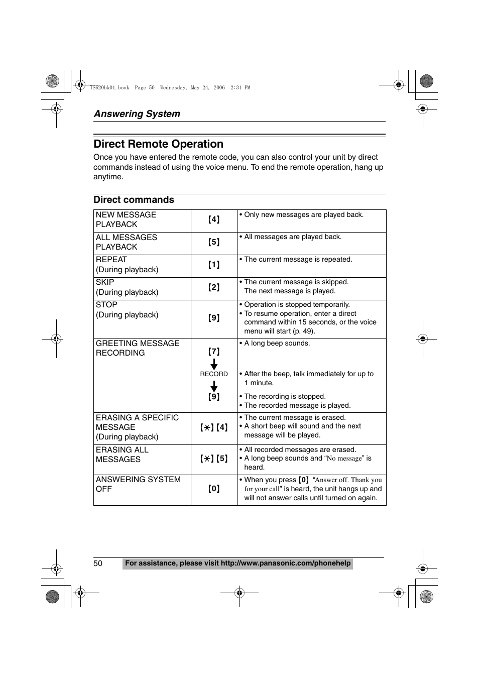 Direct remote operation, Answering system, Direct commands | Panasonic KX-TS620W User Manual | Page 50 / 64