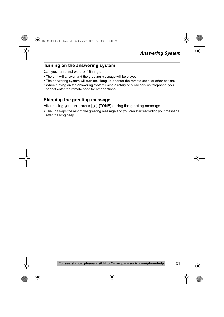 Answering system, Turning on the answering system, Skipping the greeting message | Panasonic KX-TS620W User Manual | Page 51 / 64