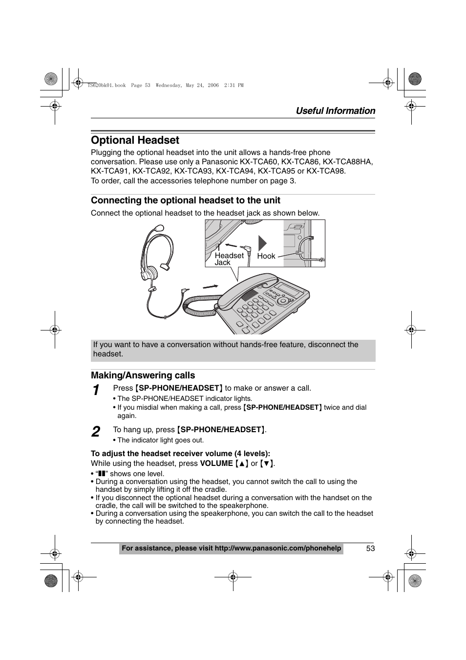 Optional headset | Panasonic KX-TS620W User Manual | Page 53 / 64