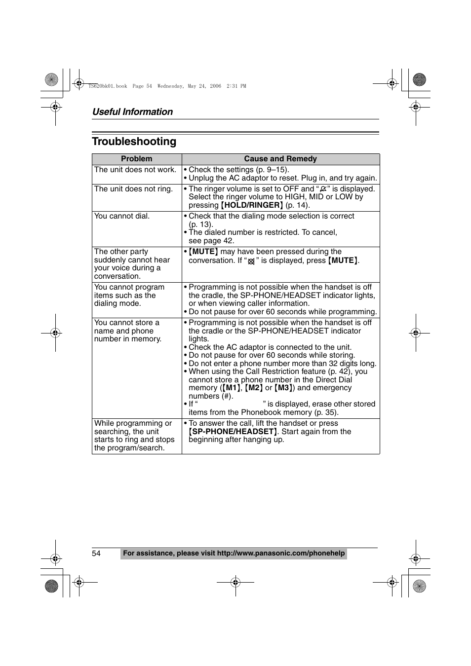 Troubleshooting, Useful information | Panasonic KX-TS620W User Manual | Page 54 / 64