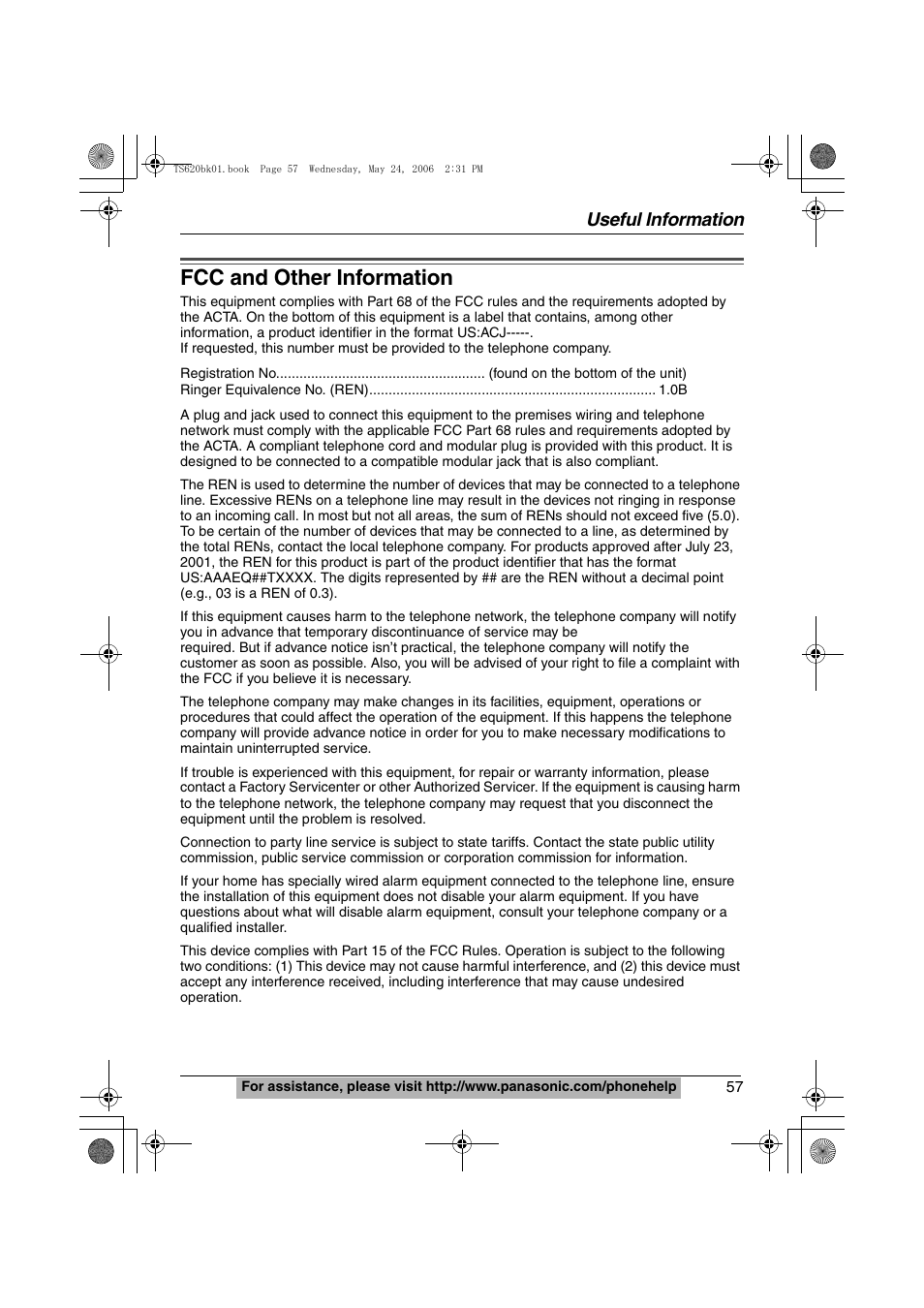 Fcc and other information, Useful information | Panasonic KX-TS620W User Manual | Page 57 / 64