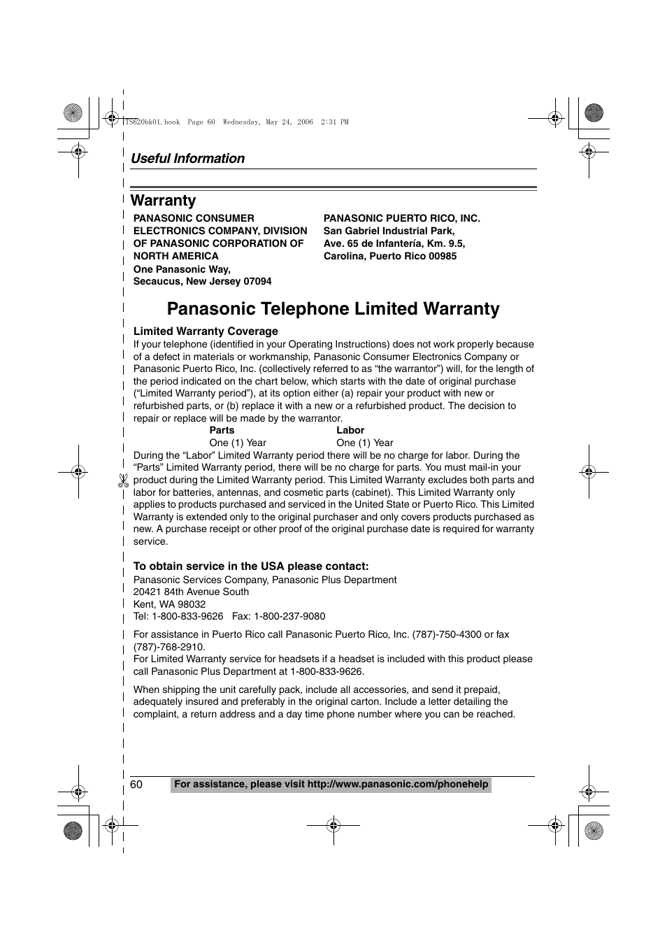 Warranty, Panasonic telephone limited warranty, Useful information | Panasonic KX-TS620W User Manual | Page 60 / 64