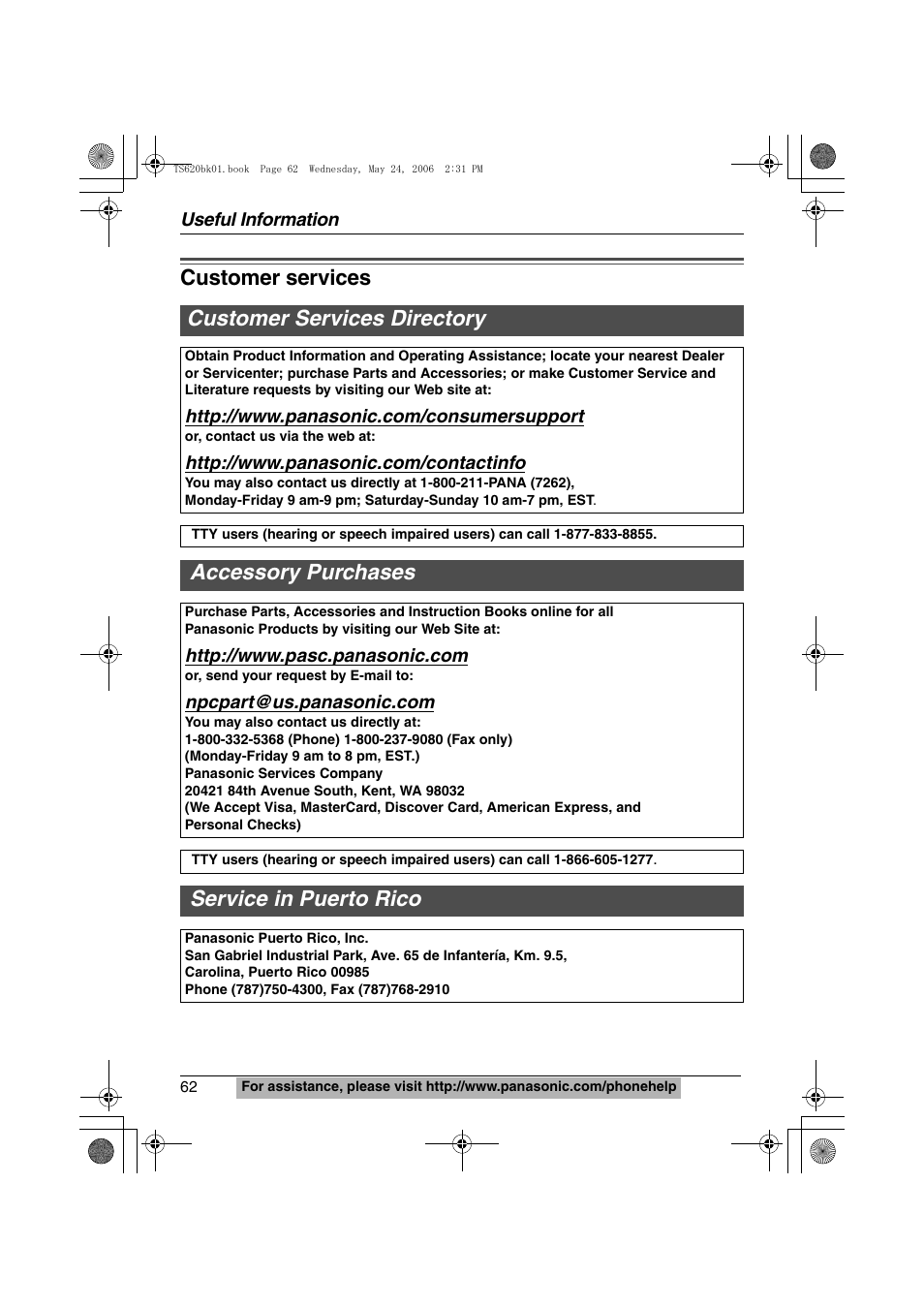 Customer services, Customer services customer services directory, Accessory purchases | Service in puerto rico | Panasonic KX-TS620W User Manual | Page 62 / 64