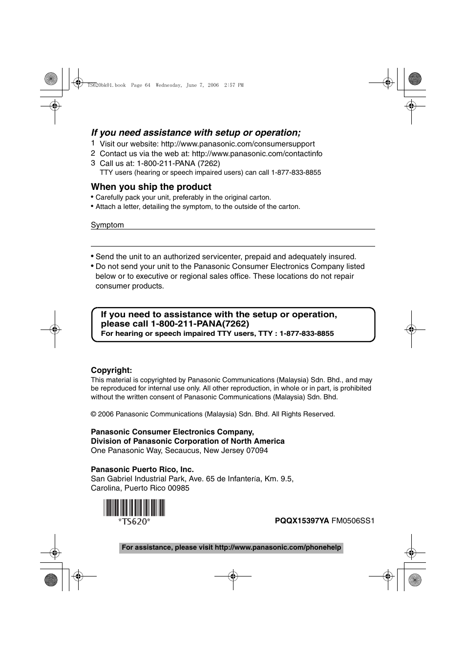 If you need assistance with setup or operation, When you ship the product | Panasonic KX-TS620W User Manual | Page 64 / 64