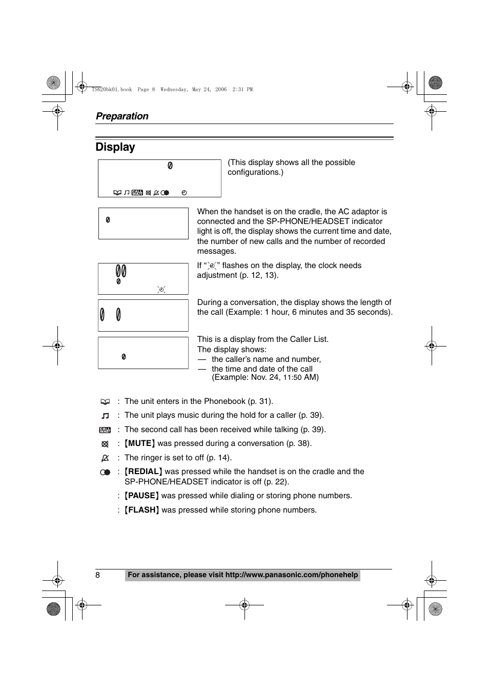 Display, Am dec.31 | Panasonic KX-TS620W User Manual | Page 8 / 64