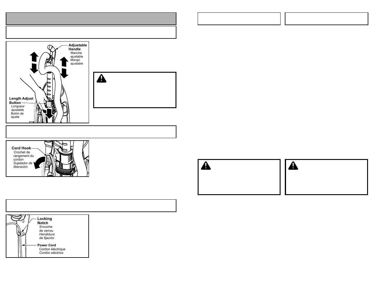 Features, Adjustable length handle, Cord hook | Locking notch, Caution, Attention, Cuidado, Cord hook locking notch | Panasonic MC-V7721 User Manual | Page 14 / 64