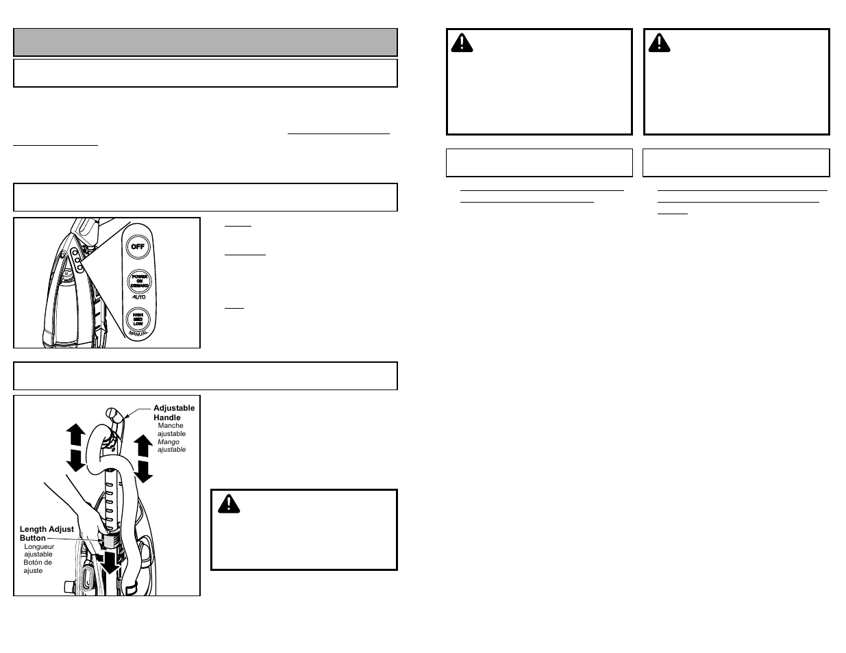 To operate cleaner, Power cord, Power on demand (pod) | Using adjustable handle, Advertencia, Avertissement, Caution, Using the adjustable handle | Panasonic MC-V7721 User Manual | Page 18 / 64