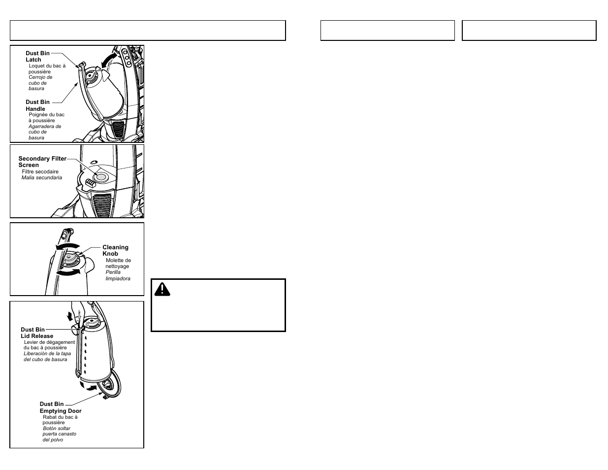 Dust bin cleaning, Limpieza del cubo basura, Caution | Panasonic MC-V7721 User Manual | Page 37 / 64
