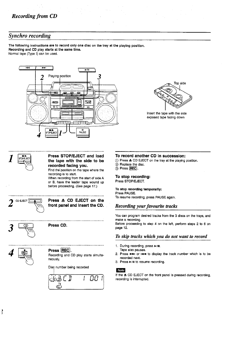 Recording from cd, Synchro recording, Press cd | Press ireci, To record another cd in succession, To stop recording, Recording from cd synchro recording | Panasonic RX-DT770 User Manual | Page 18 / 28