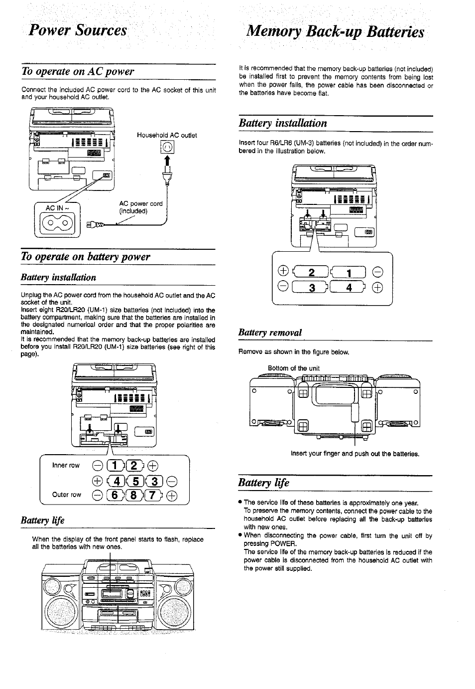 Memory back-up batteries, To operate on ac power, To operate on battery power | 4](5](ide, Outer row 0cd[t)(t), Battery installation, Battery life, 0cd[t)(t) | Panasonic RX-DT770 User Manual | Page 4 / 28