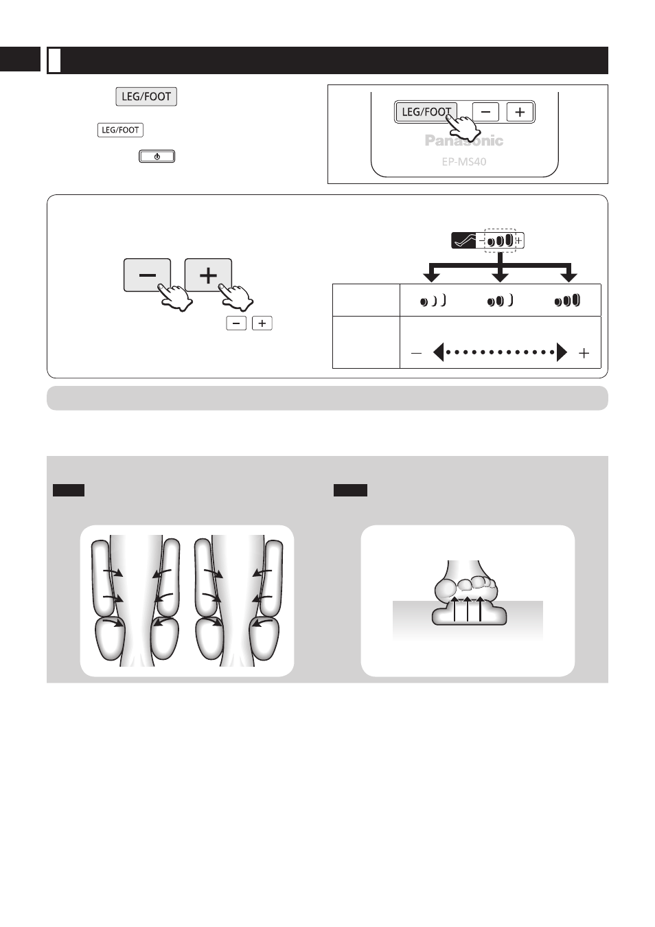 Using leg/foot massage for calves and soles, Press the button, Leg/foot massage duration | Operations of leg/foot massage | Panasonic EP-MS40 User Manual | Page 24 / 33