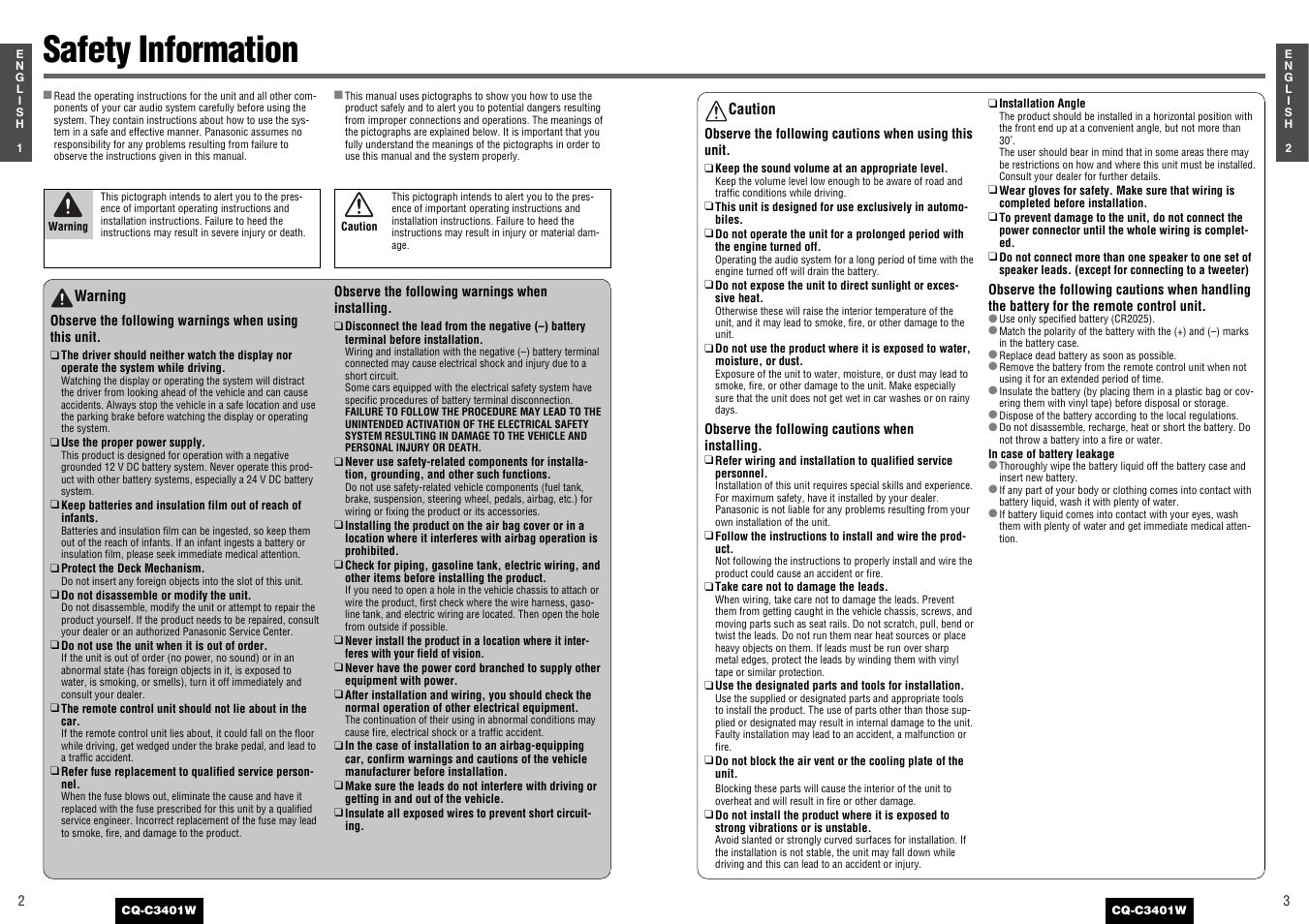 Panasonic CQ-C3401 User Manual | 15 pages
