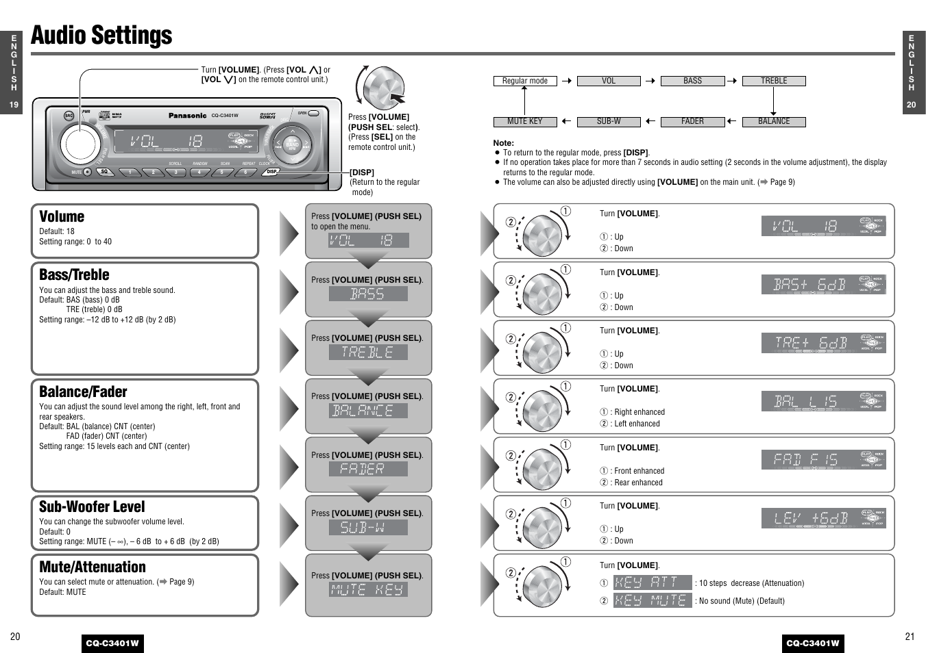 Audio settings, Balance/fader, Bass/treble | Volume, Sub-woofer level, Mute/attenuation | Panasonic CQ-C3401 User Manual | Page 10 / 15