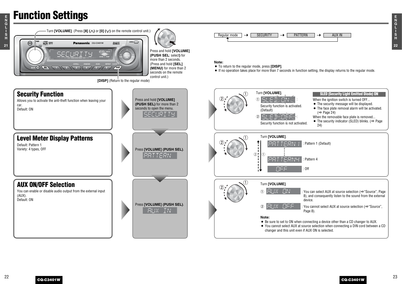 Function settings, Aux on/off selection, Security function | Level meter display patterns | Panasonic CQ-C3401 User Manual | Page 11 / 15