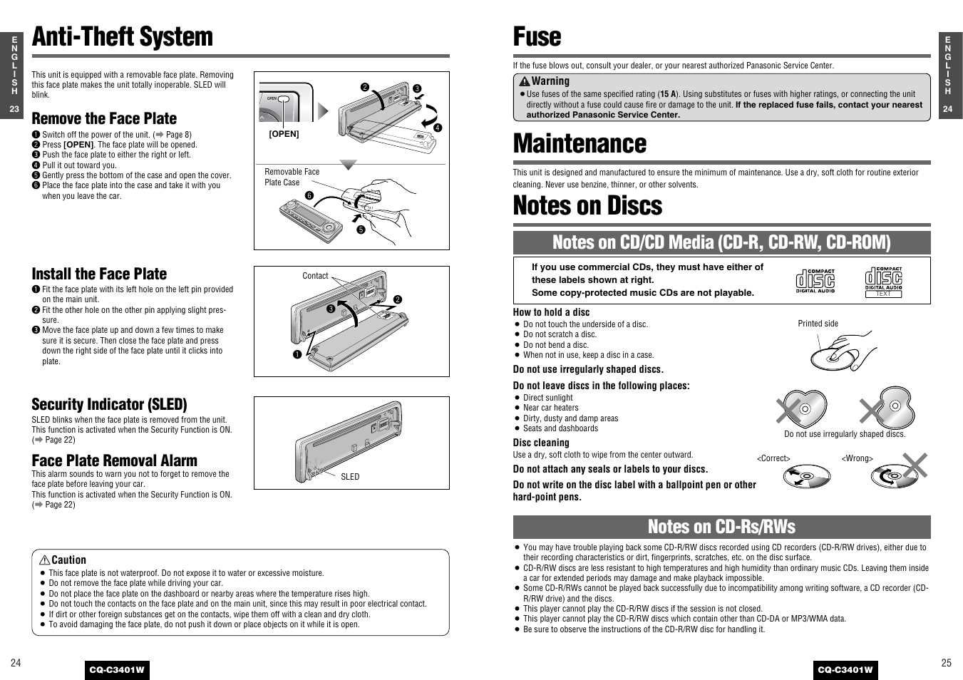 Anti-theft system, Fuse, Maintenance | Remove the face plate, Install the face plate, Security indicator (sled), Face plate removal alarm | Panasonic CQ-C3401 User Manual | Page 12 / 15