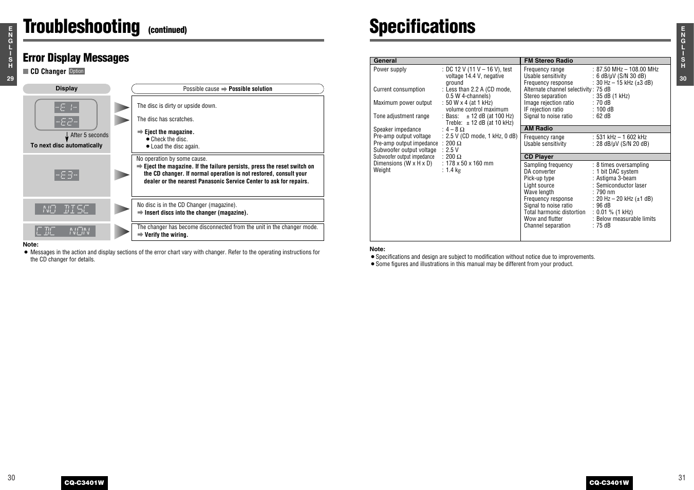 Troubleshooting, Specifications, Error display messages | Continued) | Panasonic CQ-C3401 User Manual | Page 15 / 15