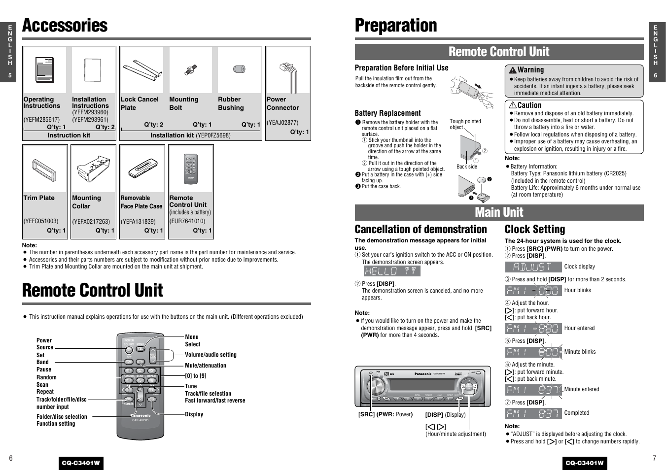 Preparation, Accessories remote control unit, Remote control unit main unit | Cancellation of demonstration clock setting | Panasonic CQ-C3401 User Manual | Page 3 / 15