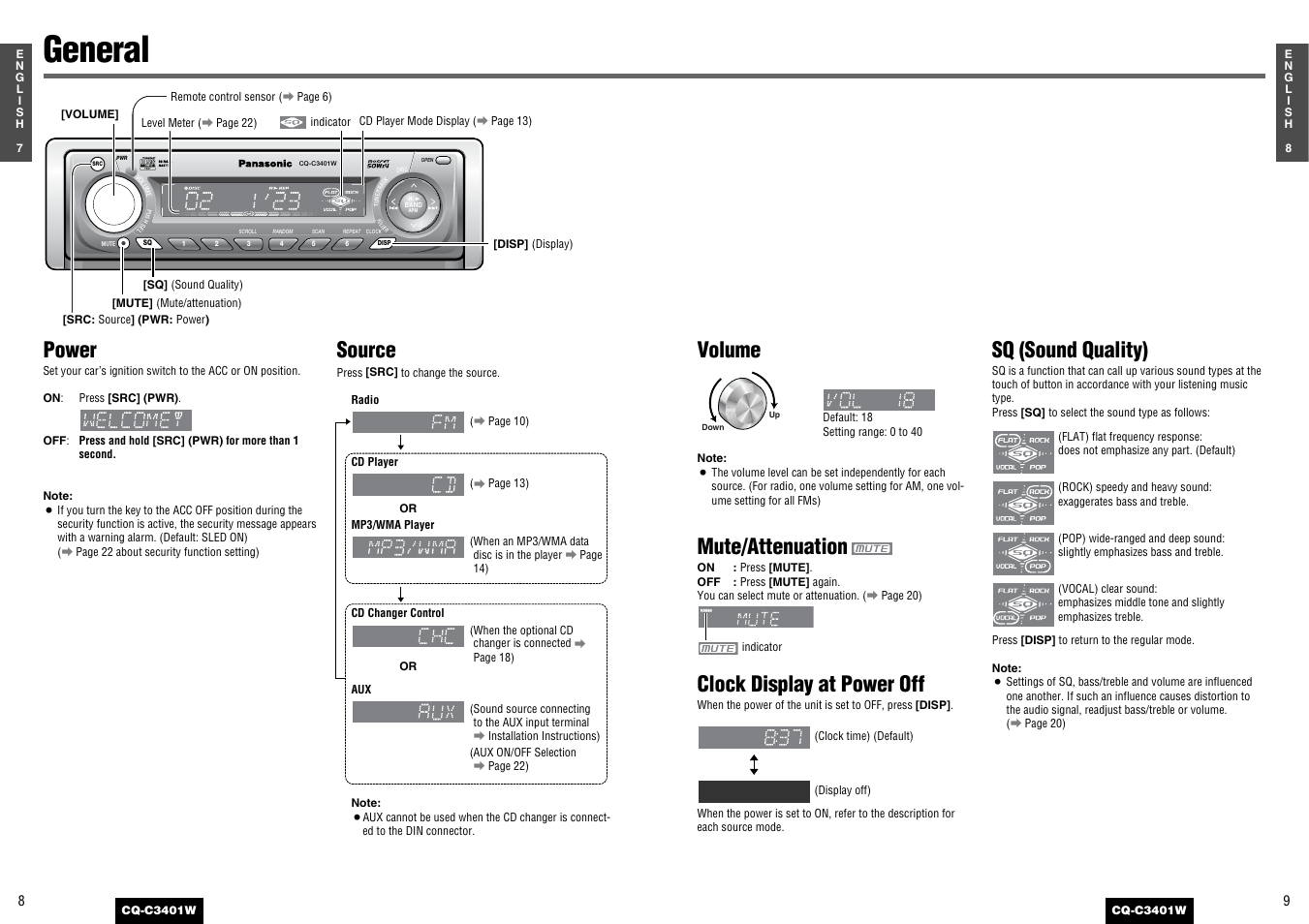 General, Volume, Mute/attenuation | Clock display at power off, Sq (sound quality), Power, Source | Panasonic CQ-C3401 User Manual | Page 4 / 15