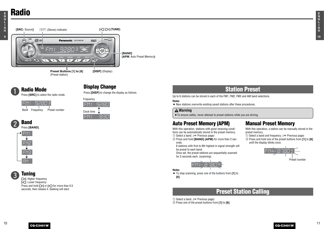 Radio, Station preset, Preset station calling | Radio mode, Band, Tuning, Display change, Warning | Panasonic CQ-C3401 User Manual | Page 5 / 15