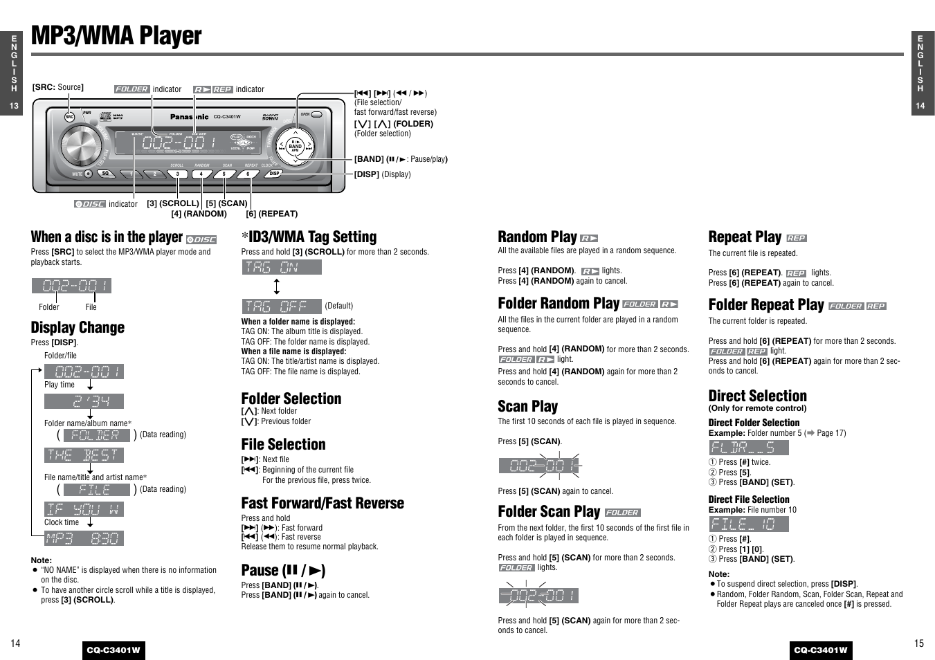 Mp3/wma player, When a disc is in the player, Display change | Id3/wma tag setting, Folder selection, File selection, Fast forward/fast reverse, Pause ( y / 5 ), Random play, Folder random play | Panasonic CQ-C3401 User Manual | Page 7 / 15