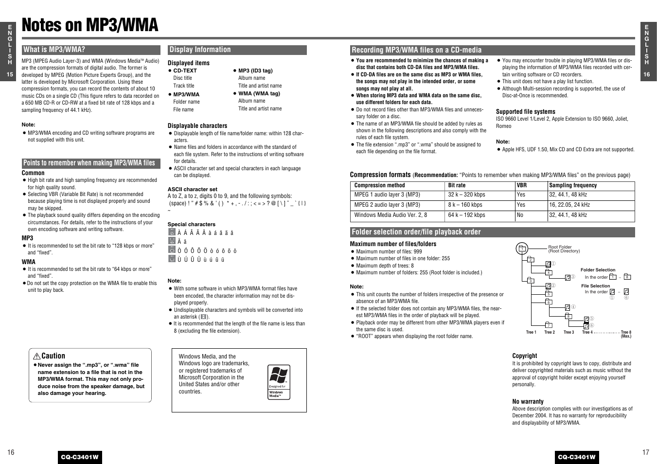 What is mp3/wma, Points to remember when making mp3/wma files, Display information | Caution, Recording mp3/wma files on a cd-media | Panasonic CQ-C3401 User Manual | Page 8 / 15