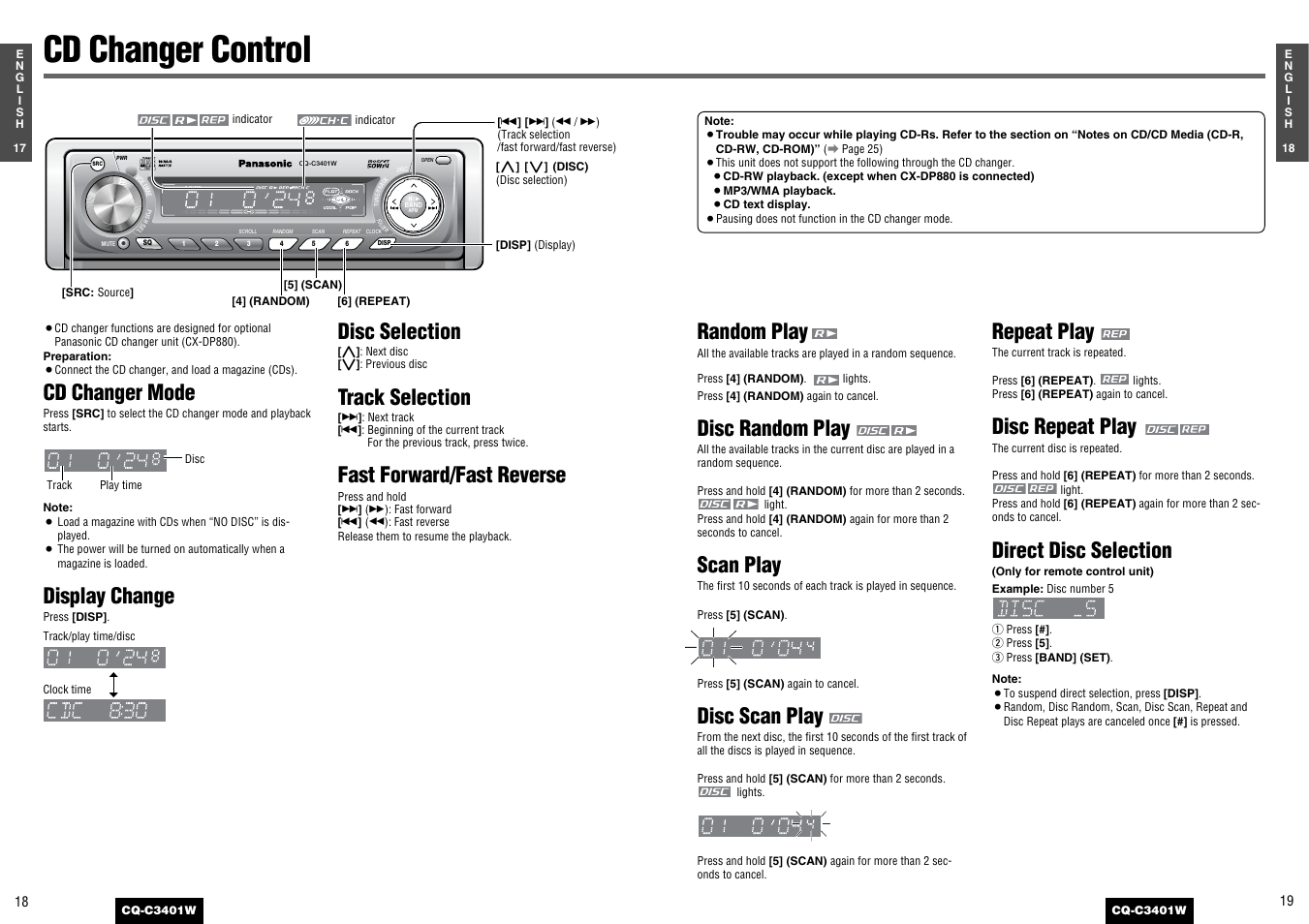 Cd changer control, Cd changer mode, Display change | Disc selection, Track selection, Fast forward/fast reverse, Random play, Disc random play, Scan play, Disc scan play | Panasonic CQ-C3401 User Manual | Page 9 / 15