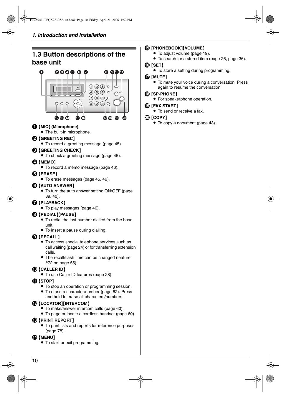 Finding the controls, 3 button descriptions of the base unit, Button descriptions of the base unit | 3 button descriptions of the base unit | Panasonic KX-FC255AL User Manual | Page 10 / 84