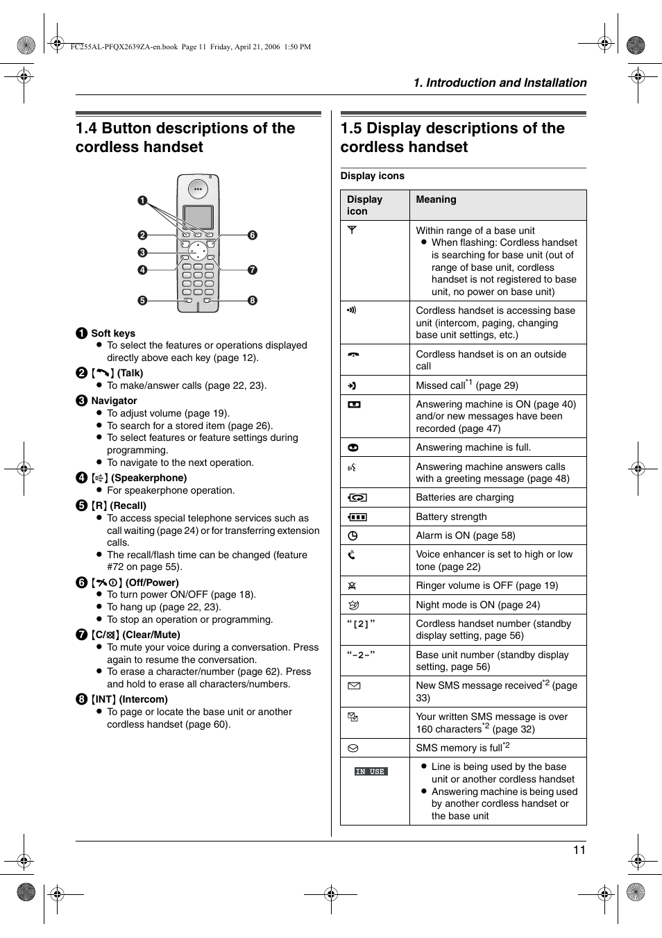 4 button descriptions of the cordless handset, 5 display descriptions of the cordless handset, Button descriptions of the cordless handset | Display descriptions of the cordless handset, 4 button descriptions of the cordless handset, 5 display descriptions of the cordless handset | Panasonic KX-FC255AL User Manual | Page 11 / 84