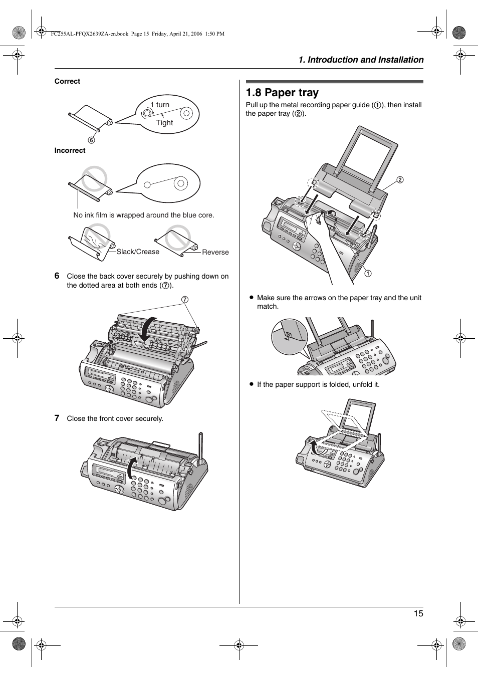 8 paper tray, Paper tray, 8 paper tray | Panasonic KX-FC255AL User Manual | Page 15 / 84