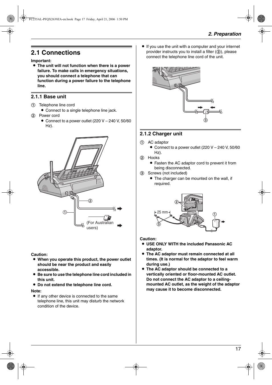 Preparation, Connections and setup, 1 connections | Connections, 1 connections | Panasonic KX-FC255AL User Manual | Page 17 / 84