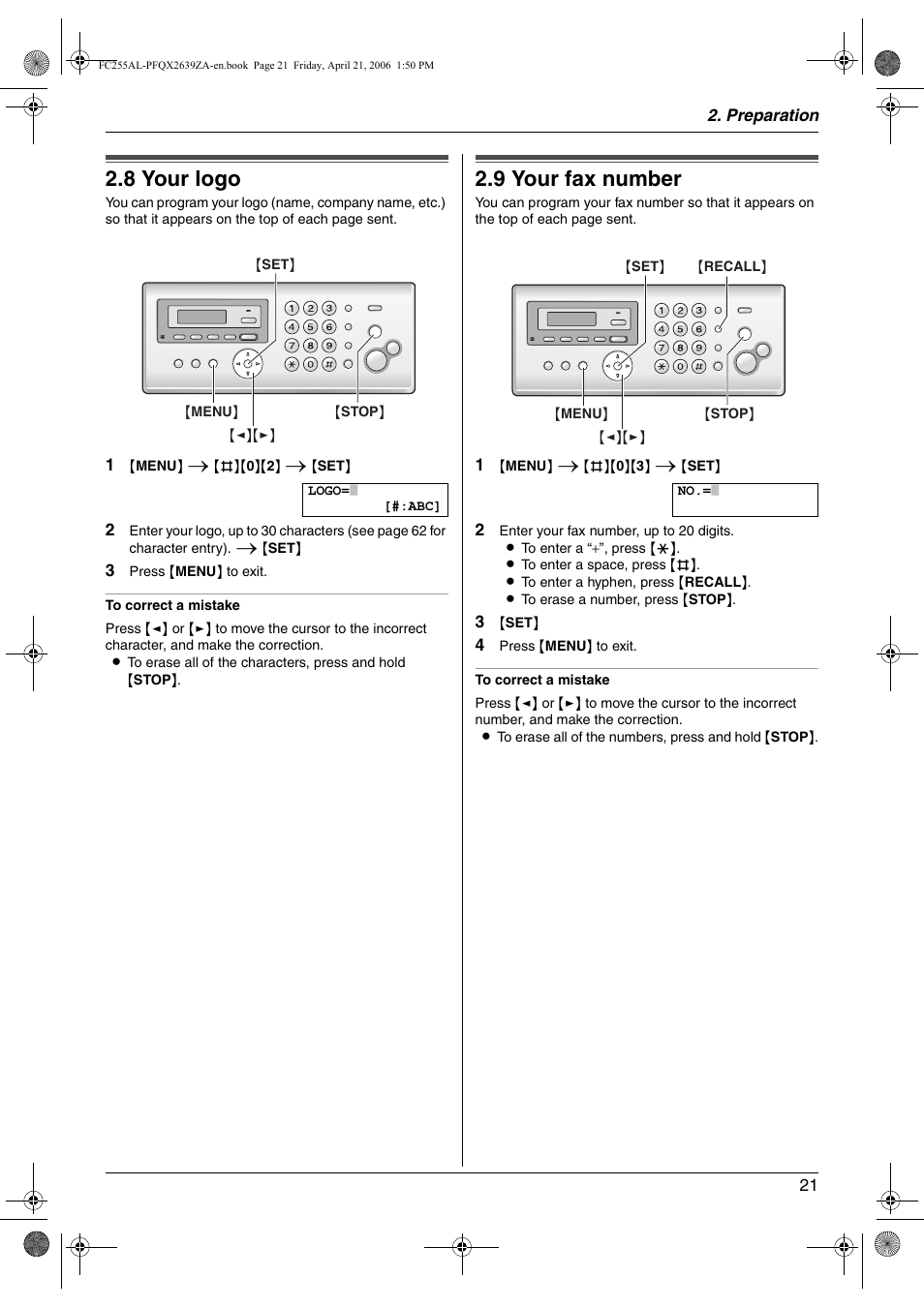 8 your logo, 9 your fax number, Your logo | Your fax number, 8 your logo, 9 your fax number | Panasonic KX-FC255AL User Manual | Page 21 / 84