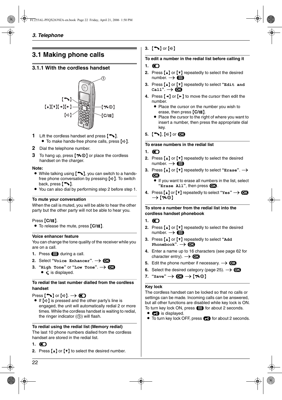 Telephone, Making and answering calls, 1 making phone calls | Making phone calls, 1 making phone calls | Panasonic KX-FC255AL User Manual | Page 22 / 84