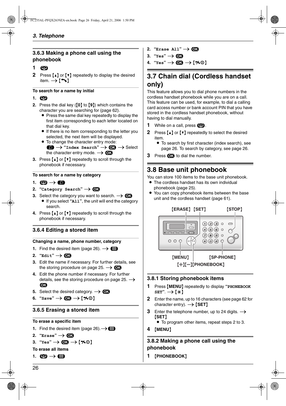 7 chain dial (cordless handset only), 8 base unit phonebook, Chain dial (cordless handset only) | Base unit phonebook, 7 chain dial (cordless handset only), 8 base unit phonebook | Panasonic KX-FC255AL User Manual | Page 26 / 84