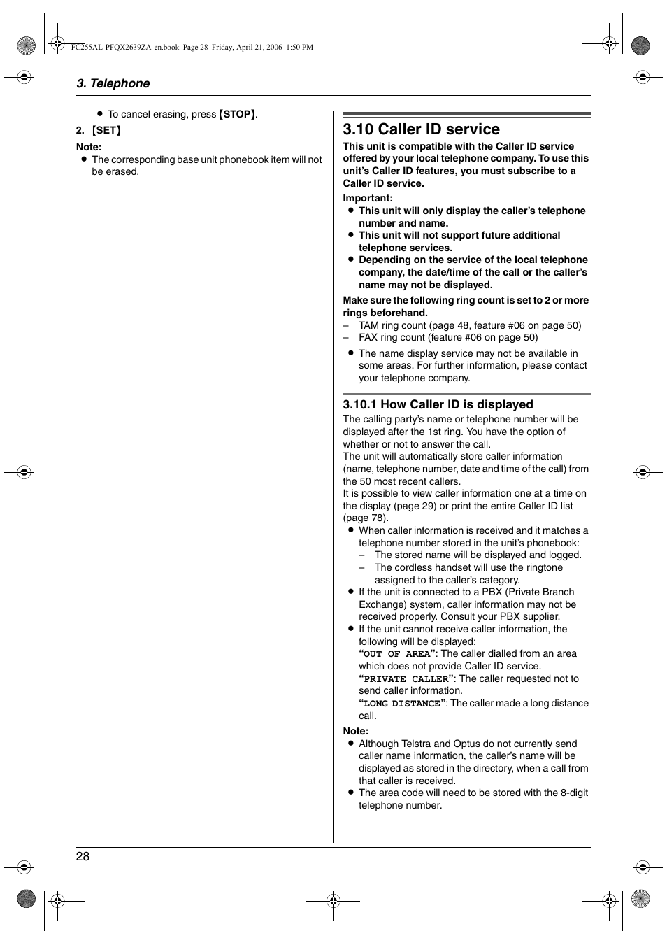 Caller id, 10 caller id service, Caller id service | 10 caller id service | Panasonic KX-FC255AL User Manual | Page 28 / 84