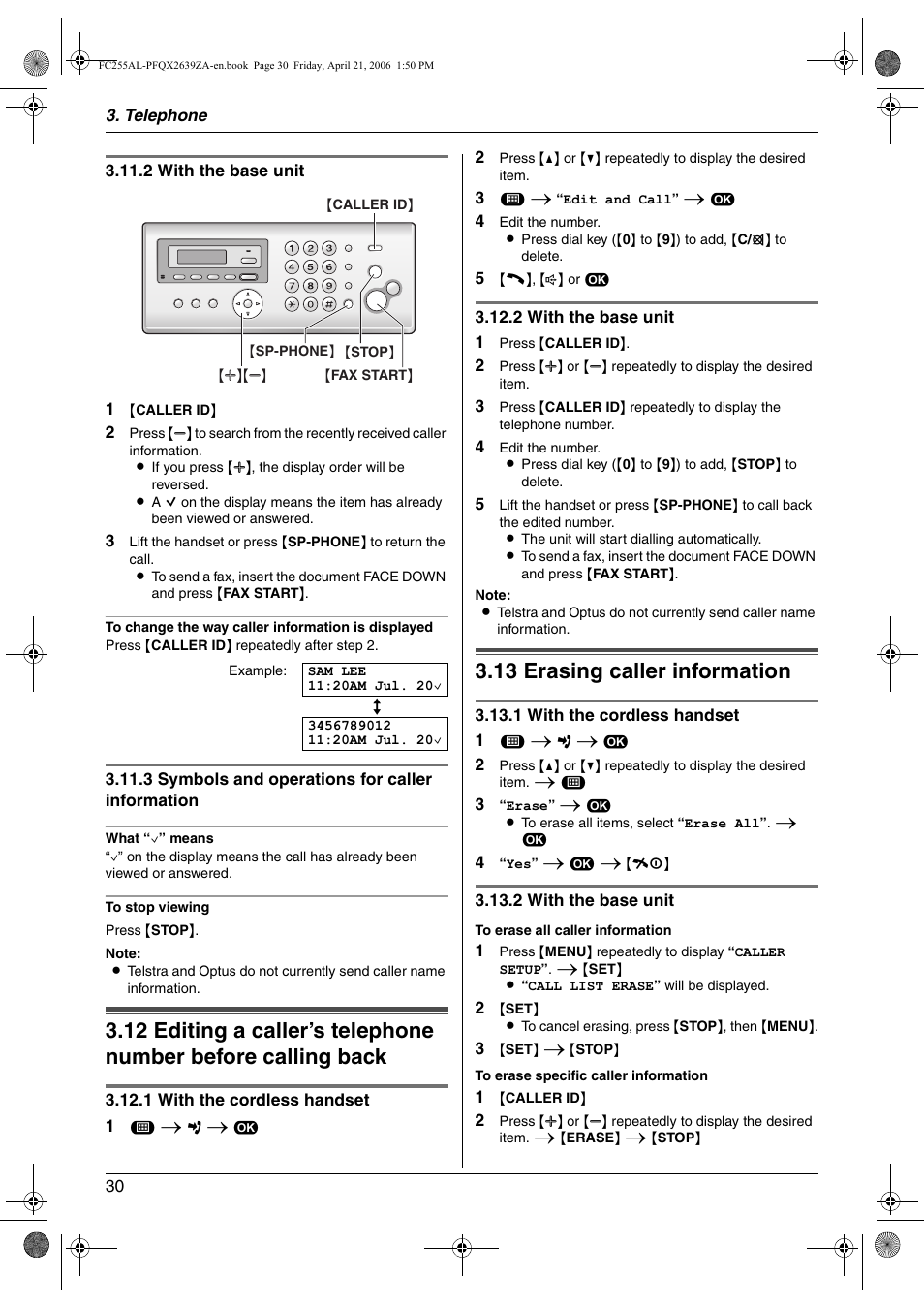 13 erasing caller information, Editing a caller’s telephone number before, Calling back | Erasing caller information, 13 erasing caller information | Panasonic KX-FC255AL User Manual | Page 30 / 84