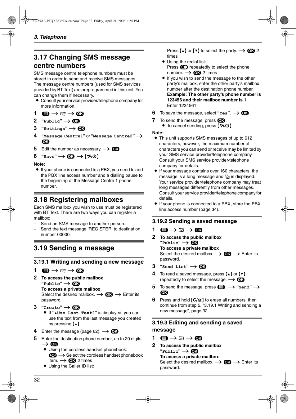 17 changing sms message centre numbers, 18 registering mailboxes, 19 sending a message | Changing sms message centre numbers, Registering mailboxes, Sending a message, 17 changing sms message centre numbers, 18 registering mailboxes, 19 sending a message | Panasonic KX-FC255AL User Manual | Page 32 / 84